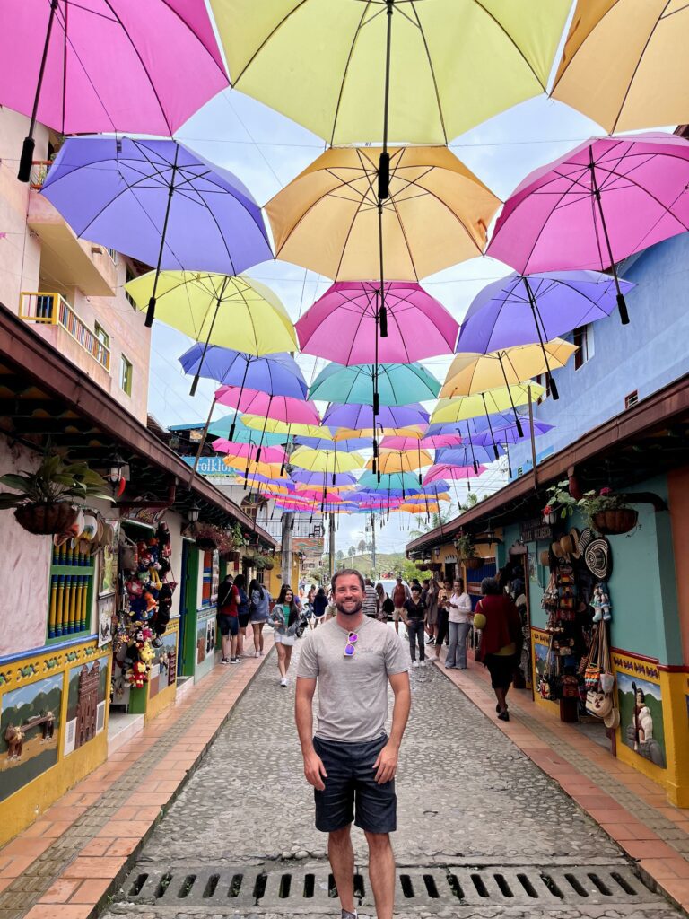 Guatape alley with colorful umbrellas