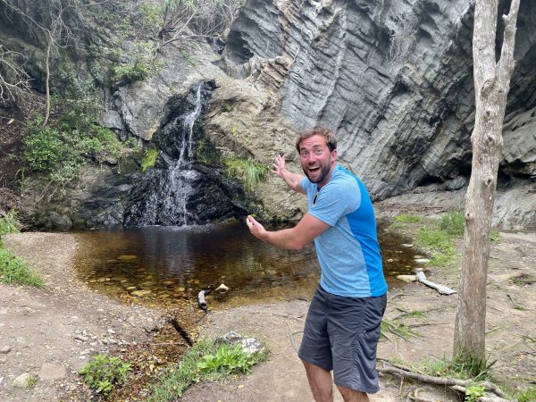 Davis showing off a waterfall